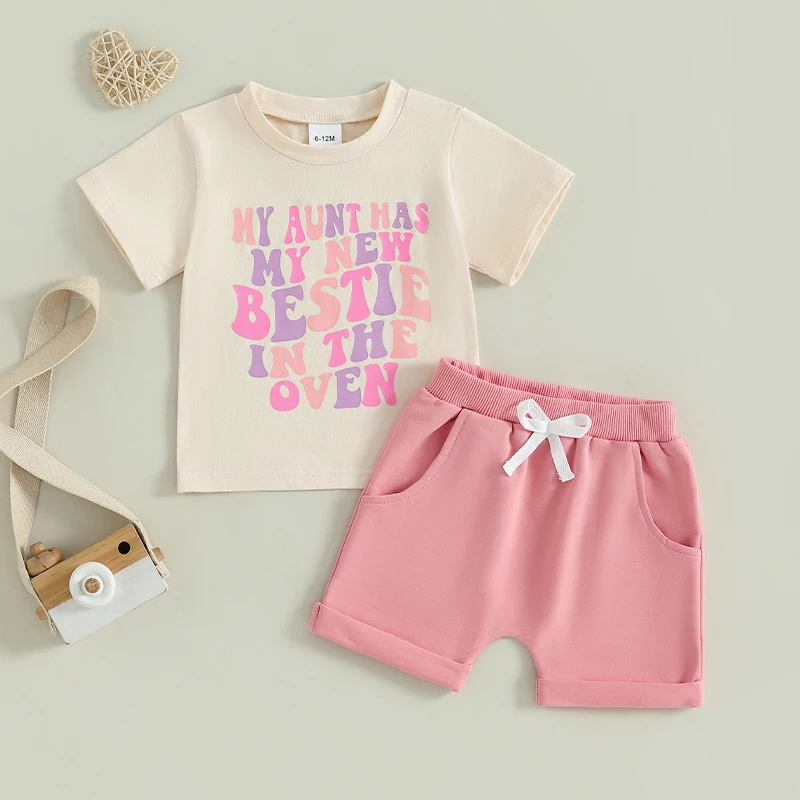 Conjunto de roupas de verão para bebês meninas com estampa de letras, camiseta de manga curta e shorts com cordão e bainha enrolada, roupas fofas de 2 peças