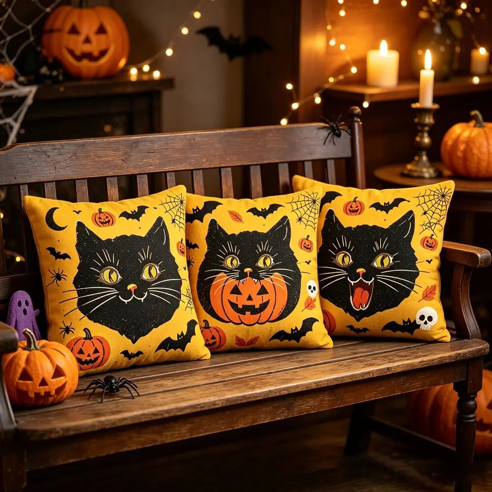 Vintage Retro Halloween Throw Pillow Covers Black Cat Pattern Yellow Background Cushion Case for Halloween Party Sofa Home Decor