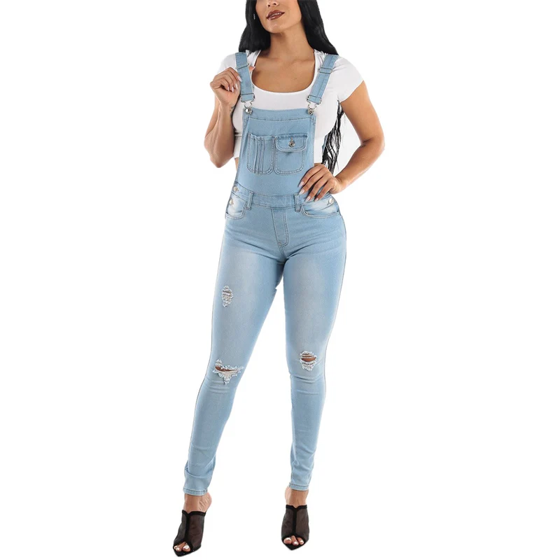 

Slim Fit Tight Stretch Jumpsuit Female Fashion Broken Holes High Waist Rompers Women Suspenders Pencil Jeans Washable Streetwear