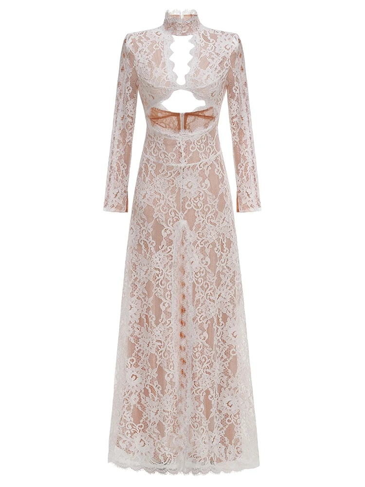 Novo sexy o pescoço renda cortar design vestido longo feminino renda branca manga longa alta divisão vestidos finos festa de noite vestidos de casamento
