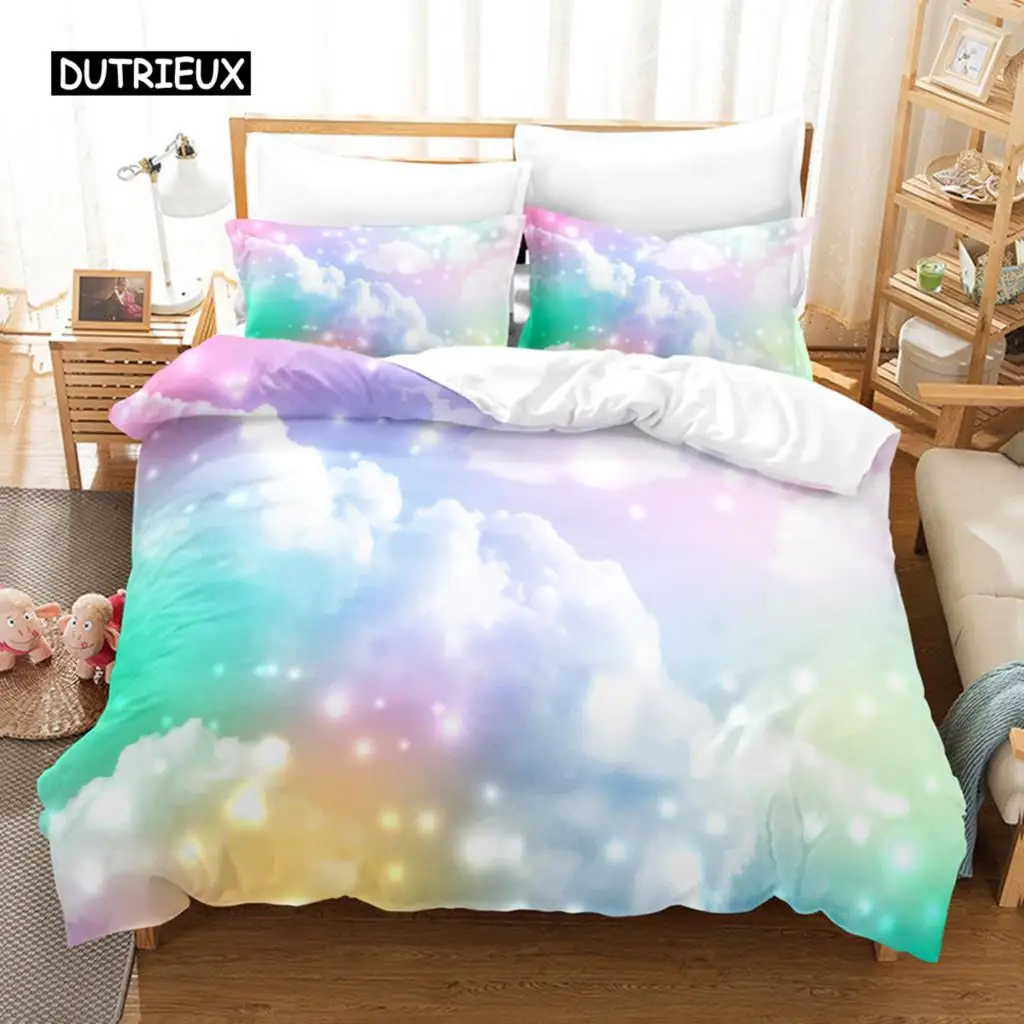 

Clouds Duvet Cover Set Iridescent Dream Cloud Bedding Set Women Kawaii Aesthetic Style King Size 2/3pcs Polyester Quilt Cover