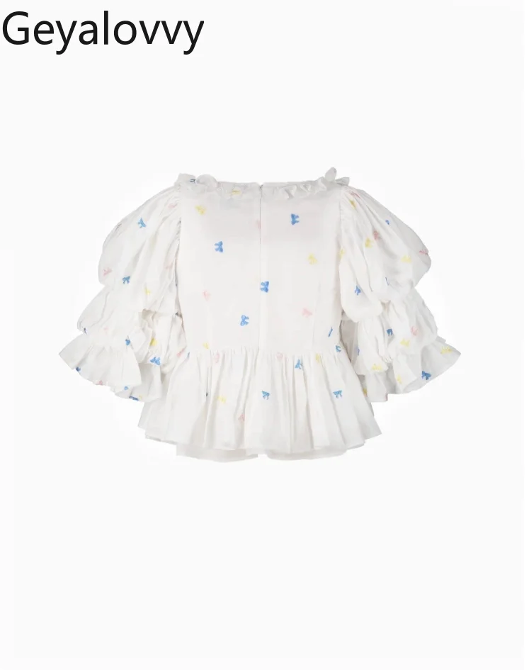 

Japanese Ruffled Square Neck Embroidered Puff Sleeve Shirt 2026 New Versatile Slimming Sweet Spicy Girl Printed Off-Shoulder Top