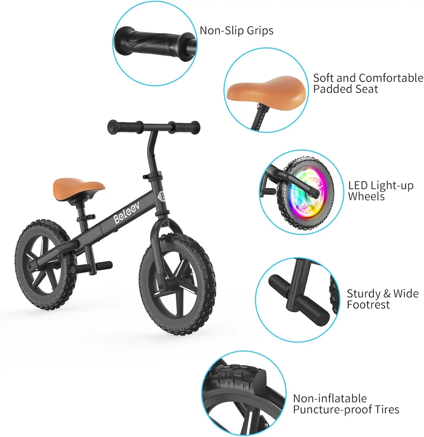 Rowerek biegowy dla dzieci w wieku 2-5 lat z podświetleniem LED, regulowany fotel i kierownicę oraz podnóżek, 12-calowe pociągi bez pedałów