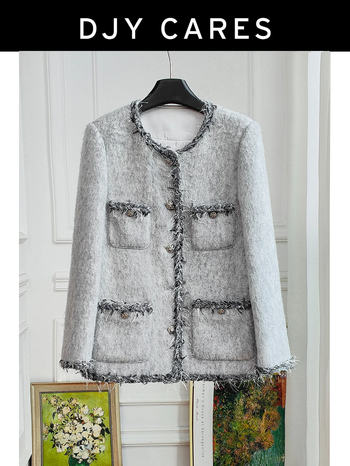 

New Coarse woolen custom gray mid length jacket with feather tassel top big size