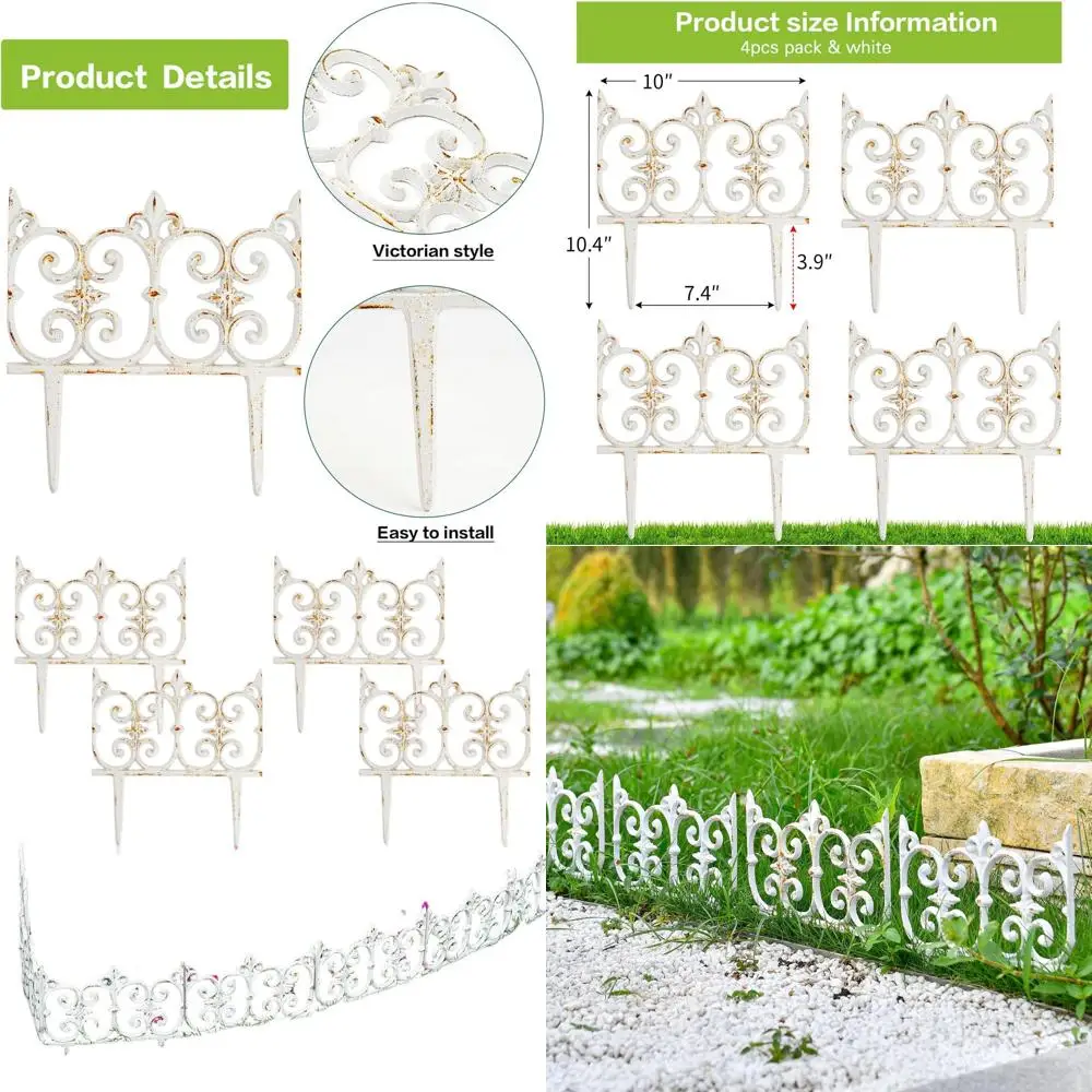 

4-Pack White Rustic Victorian Style Cast Iron Garden Edging, 10.6 Tall Outdoor Flower Bed Border Fence Panels