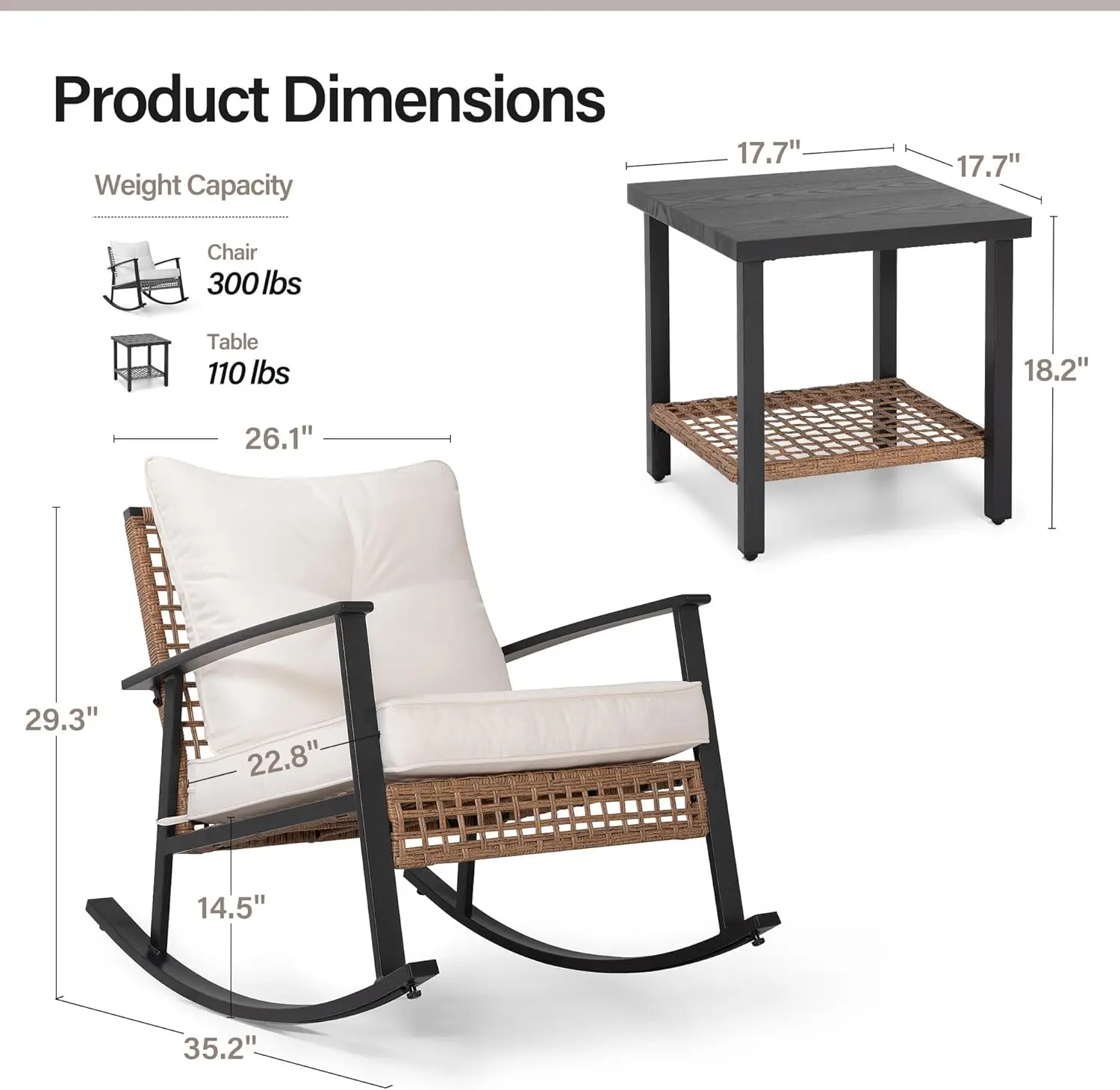 LAUSAINT HOME 3 Pieces Rocking Bistro Set, Outdoor Patio Furniture Set with Thick Cushions and 2-Tier Coffee Table, Oversize Rat