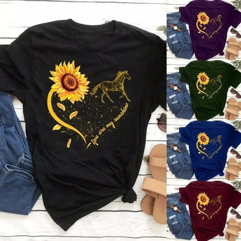 

Sunflower Horse Heart Print T Shirt Women Short Sleeve O Neck Loose Tshirt Summer Women Tee Shirt Tops Camisetas Mujer