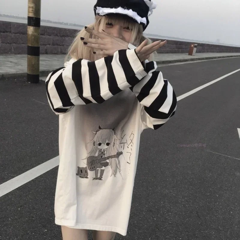 Y2k Striped Removable Zipper Long Sleeve Harajuku Oversize Women White Tees Japan Style Tshirts Anime Punk O Neck Camisetas