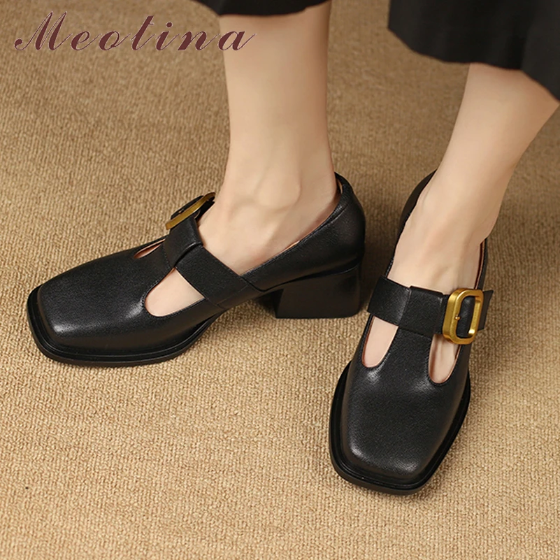 

Meotina Women Genuine Leather Square Toe Block High Heels Pumps Ladies Buckle Sheepskin Fashion Autumn Spring Shoes Brown 40