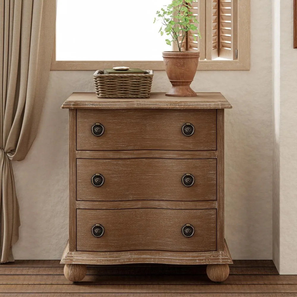 

Farmhouse 3-Drawer Nightstand—Distressed Brown Pine, Curved Front, Transitional Rustic Dresser, Near-Ready Assembly