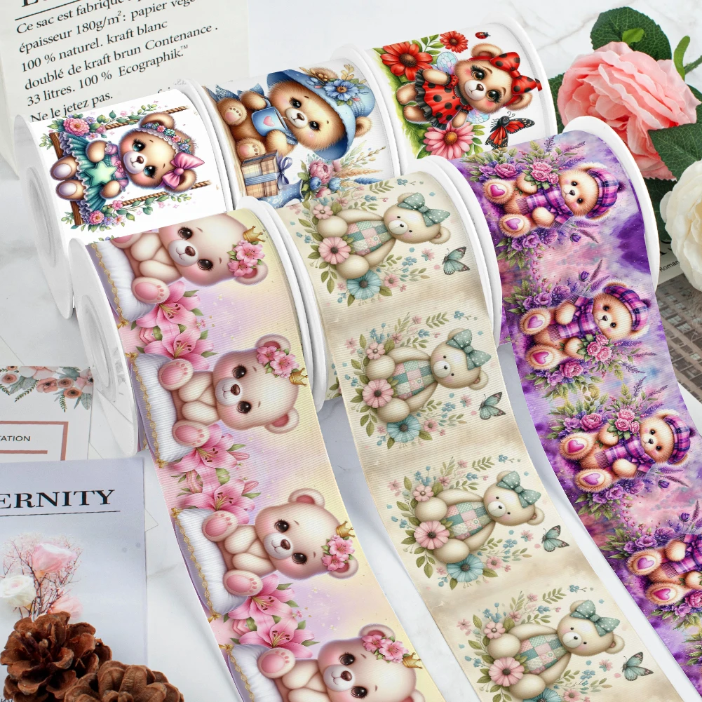 Bear Cute Care 5yards Pattern Grosgrain Ribbons Satin Ribbon for Cheer Bows DIY Girl Hair Bows