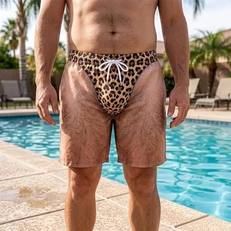 Men Funny Ugly Swim Trunks Novelty Leopard Splice Board Shorts Drawstring Waist Loose Summer Quick‑Dry Hawaiian Style Trunks