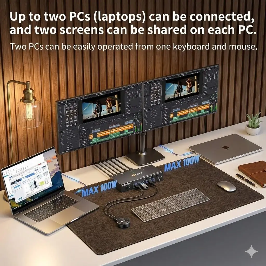 USB C KVM Switch for 2/3 Monitors 2 Laptops 4K@60Hz,Dual/Triple Monitor HDMI DP Type-C KVM Switch with PD100W for Keyboard Mouse