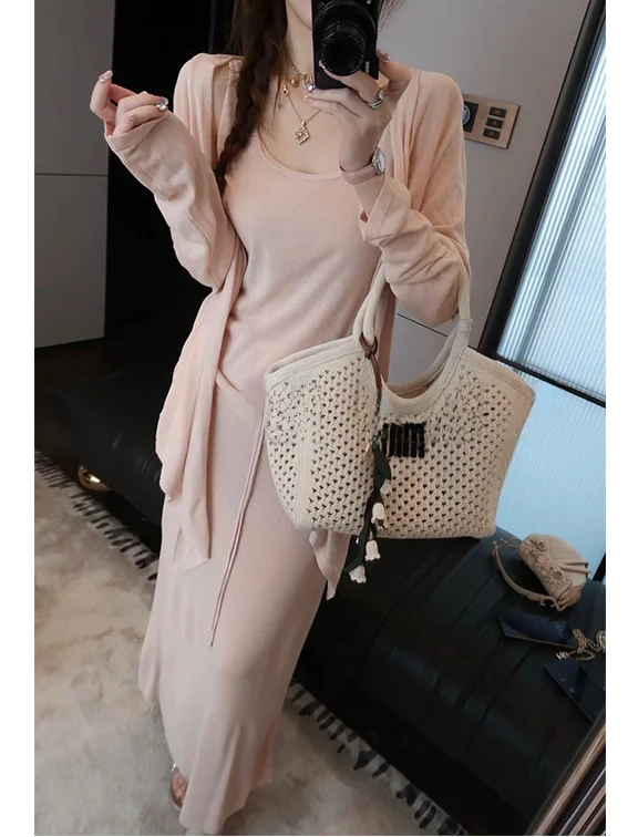 

Женский повседневный комплект Mimius: кардиган с длинными рукавами и майка из хлопковой смеси с кружевом, дышащий, легкий, модный, для весны и осени