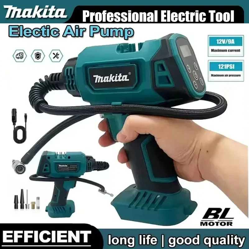 

Беспроводной электрический воздушный насос Makita, перезаряжаемый автоматический насос для накачивания автомобильных шин, портативный инструмент для дома, работает от аккумулятора 18В.