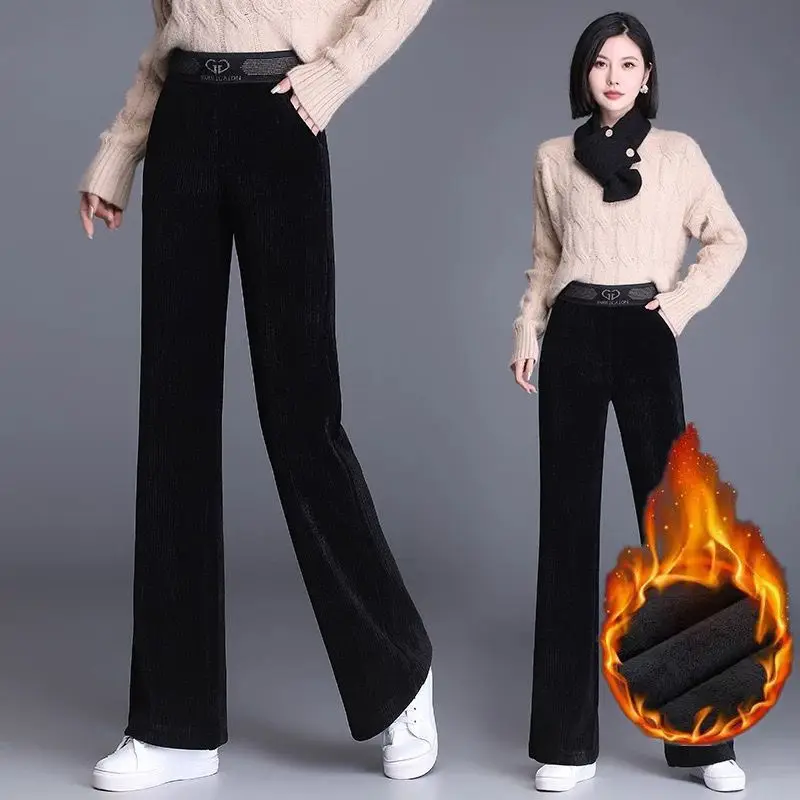 Korean New Women Corduroy Fleece Pants Autumn Winter Fashion Casual High Waist Solid Loose Thicken Vintage Straight Trousers