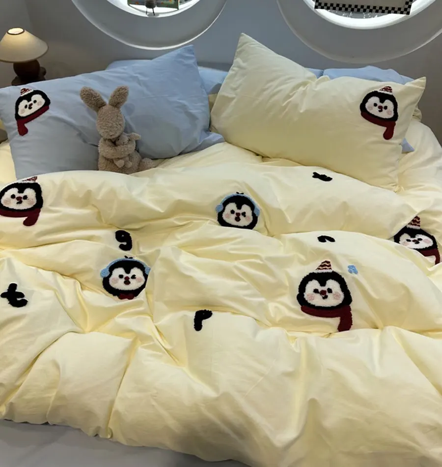 

Cute embroidery penguin bedding set 1.2 1.5 1.8 2.0,twin full queen King cotton home textile bed sheet pillowcase quilt cover