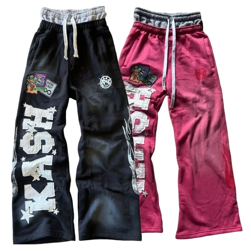

American Embroidered Letter Patch Retro Double Waist Y2K Pants Baggy Sweatpants Hip Hop Goth Elastic Waist Jogging Casual Pants