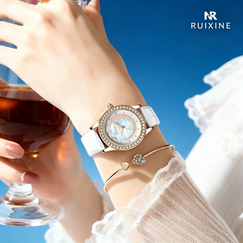 

RUIXINE Luxury Diamond Ladies Wristwatch Leather Strap Women's Watches Elegant Fashion Quartz Watch for Women Gift ﻿With Box