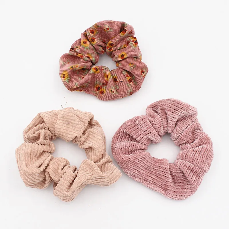 3 pezzi moda donna Vintage velluto a coste morbido ciniglia stampa solida capelli Scrunchy Set grande elastico corda per capelli coda di cavallo