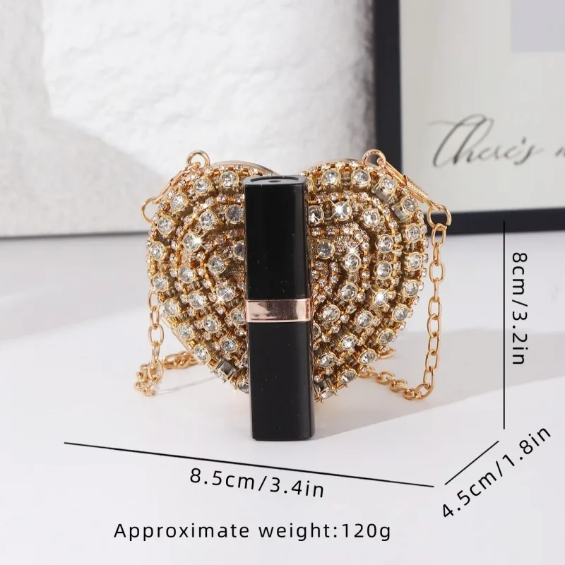 Mini bolso de noche con ajuste de diamante en forma de corazón, bolso de mano de lujo con diamantes de imitación dorados ostentosos para mujer, monedero con diseño de cadena Simple