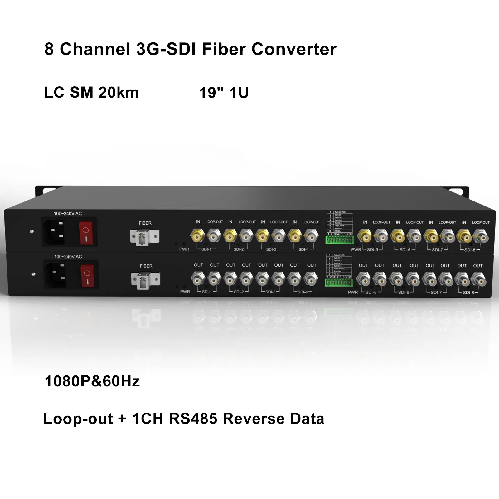 8CH HD/3G-SDI Fiber Converter, 1U Rack-Mountable 1080P Video Optical Transceiver, Loop-out+1CH RS485 Reverse Data, SM 20km, LC