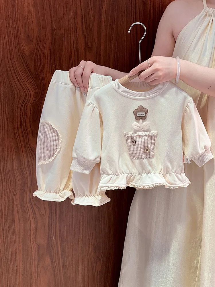 

Милый комплект из свитшота и брюк для девочек, повседневный спортивный костюм из двух предметов с цветочным декором и высокой талией, модный, весна-осень