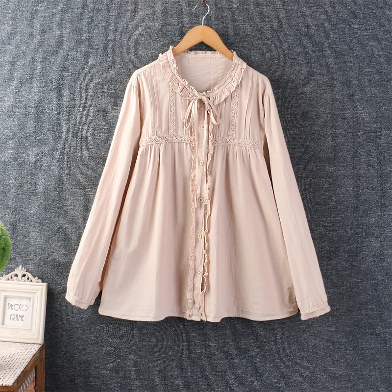 

Japanese Sweet Mori Girl Ruffled Cotton Linen Shirt Women Spring Autumn O-Neck Long Sleeve Solid Color Casual Loose Blouse Tops