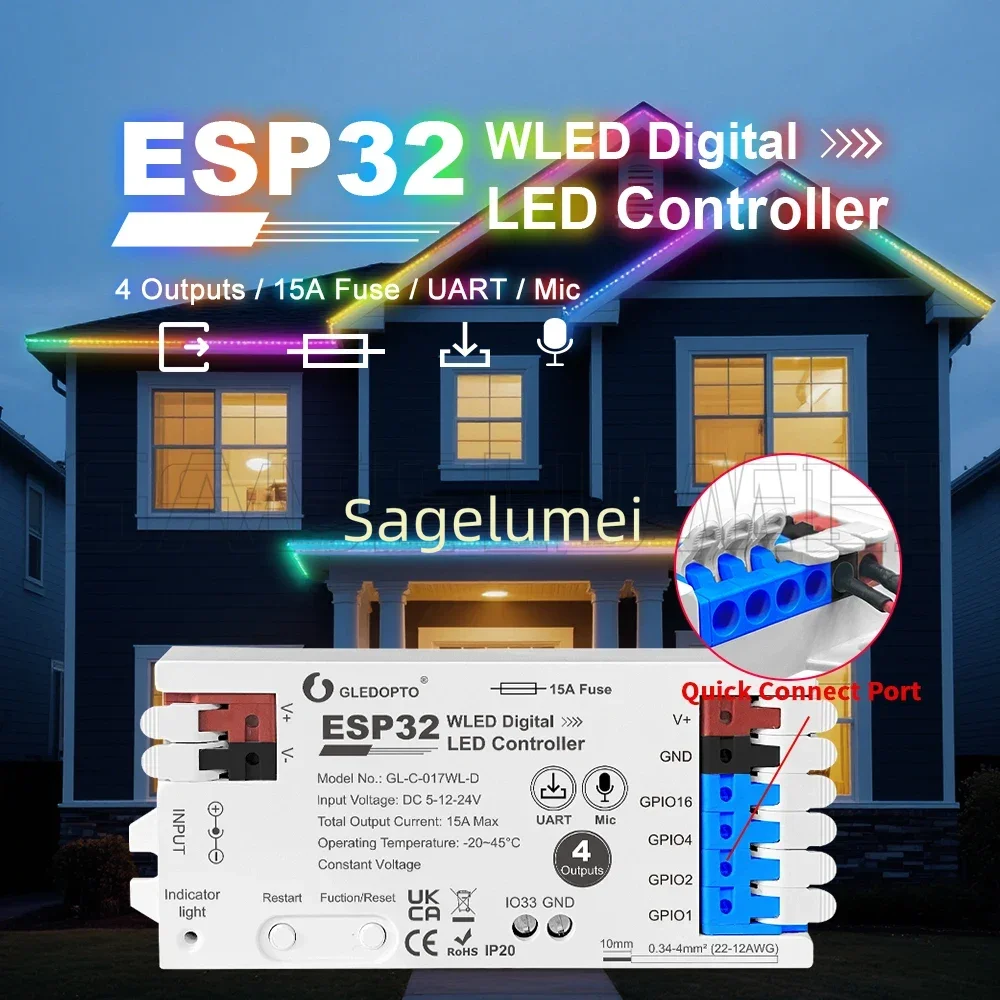 UART Download ESP32 WLED LED Controller GL-C-016WL-D Microphone Music DIY Dynamic GL-RC-001WL for WS2811 WS2812 SK6812 LED Strip