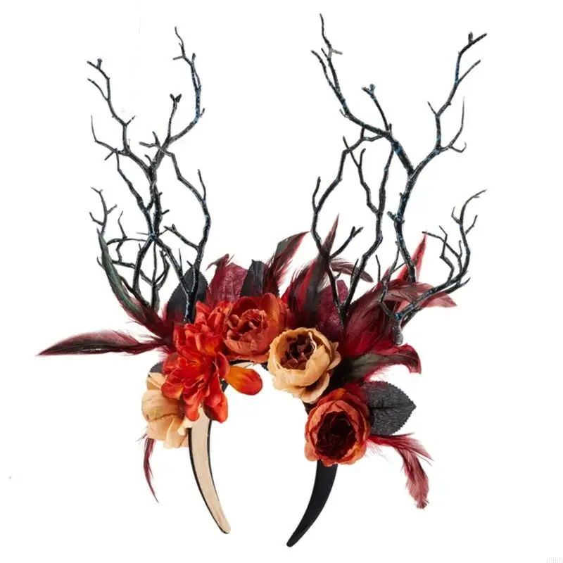 P88B Girl Gothic Flower Branch Feathered Hair Hoop Party Costume Witch Flower