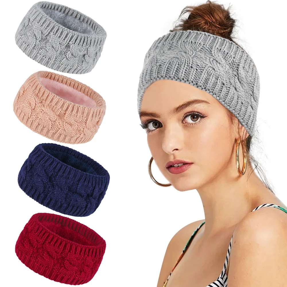 

Winter Plus Plush Hair Band Wool Knitted Widened Head Cover Women Europe and America States Warm Sports Head with Earmuffs