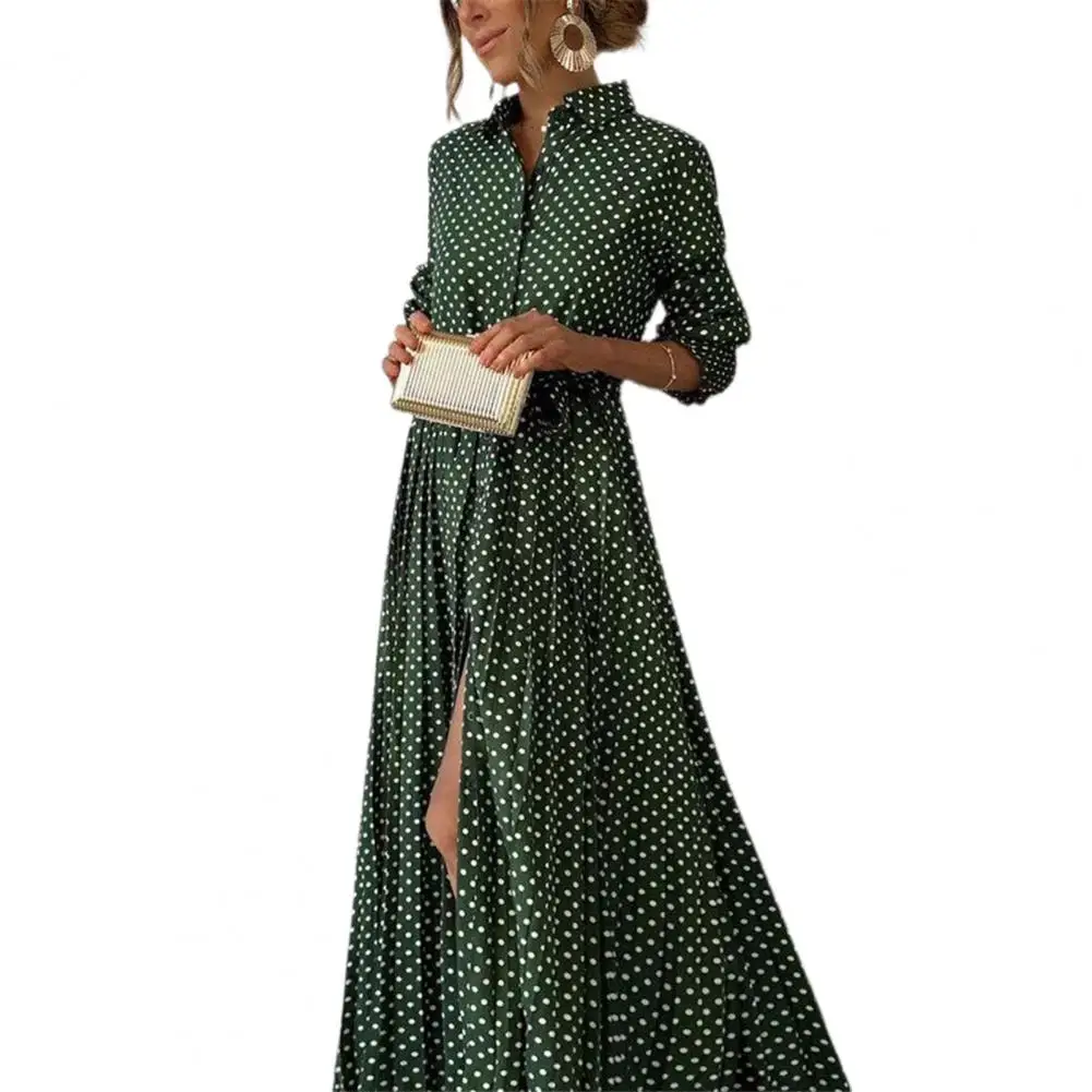 Casual Dress Retro Dot Dress Bohemian Style Maxi Dress with Stand Collar Big Split Hem Women's Evening with Short for Dating