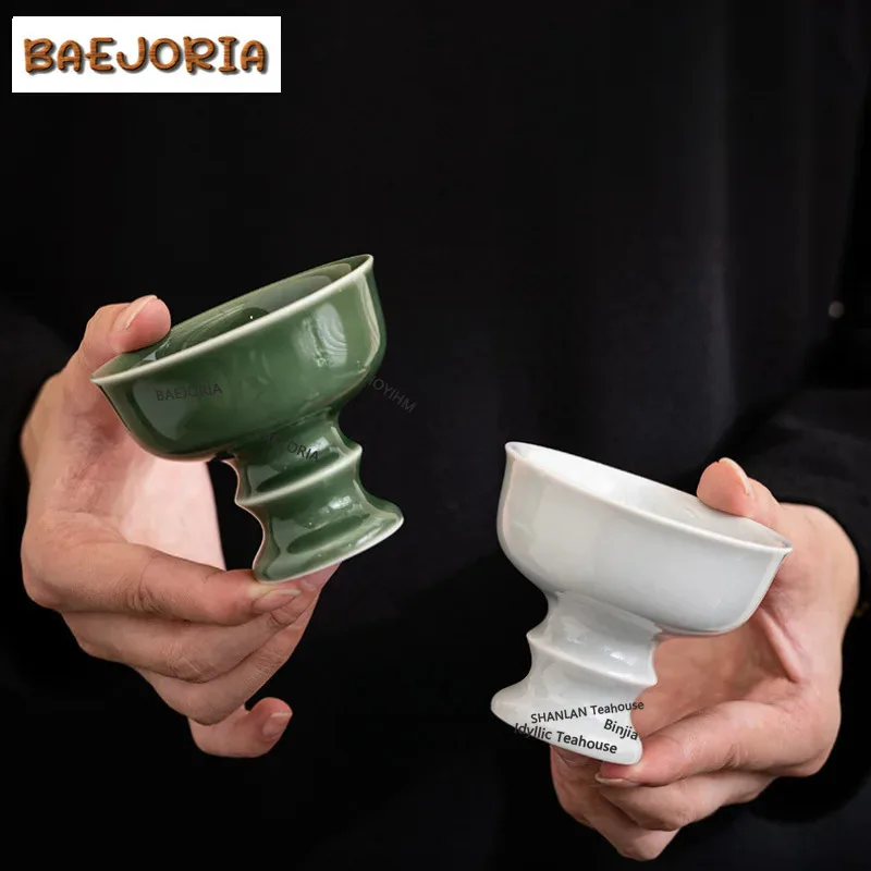 BAEJORIA Handmade Ice Gray Green Glass Ceramic Teacup Imitation Song Dynasty High Foot Tea Cup Personal Master Cup Home Kung Fu