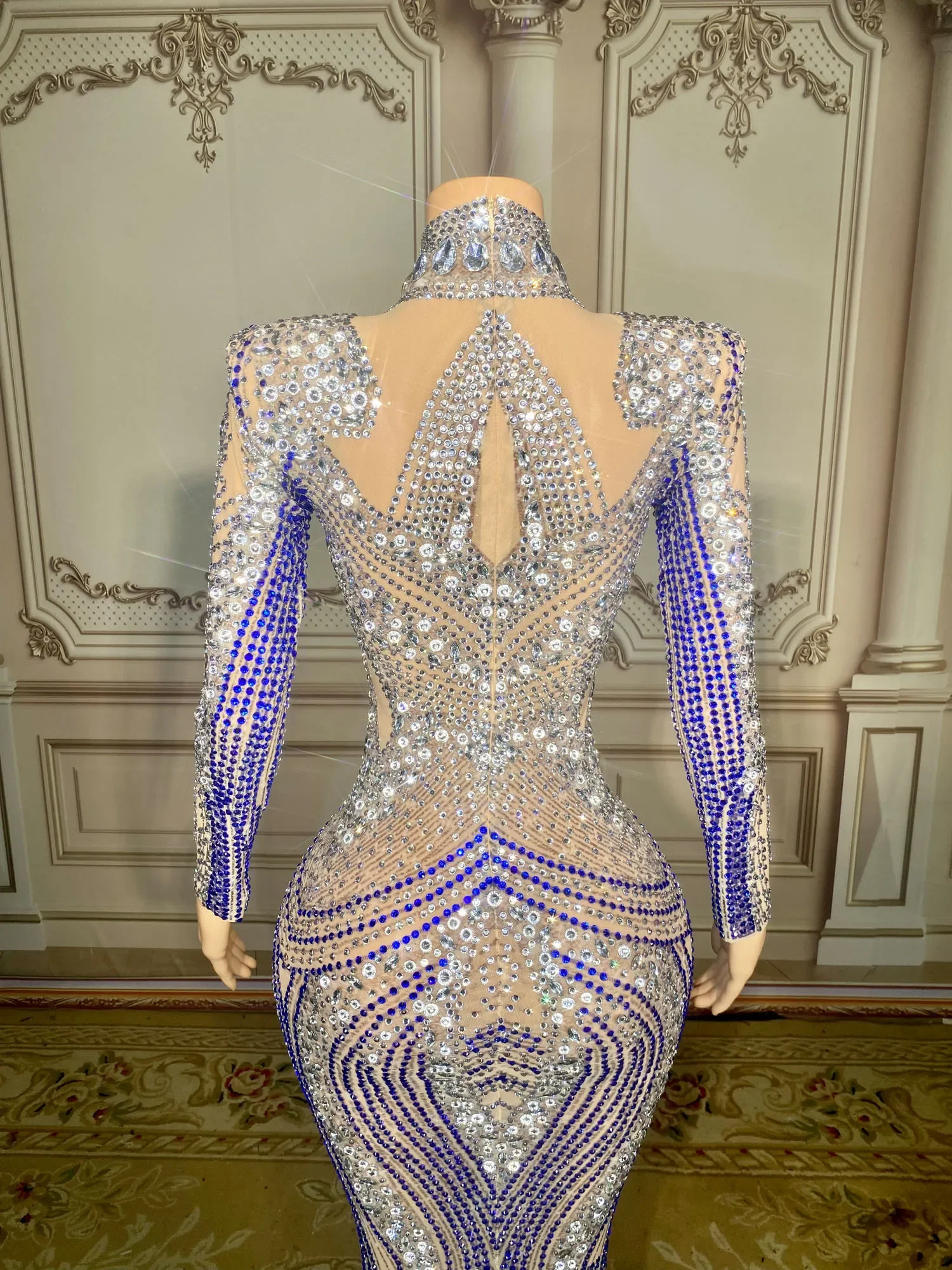 Customized New Sexy Lace Transparent Diamond Pearl Sequins Feather Water Diamond Wrap Hip Dress Long Dress Performance Dress