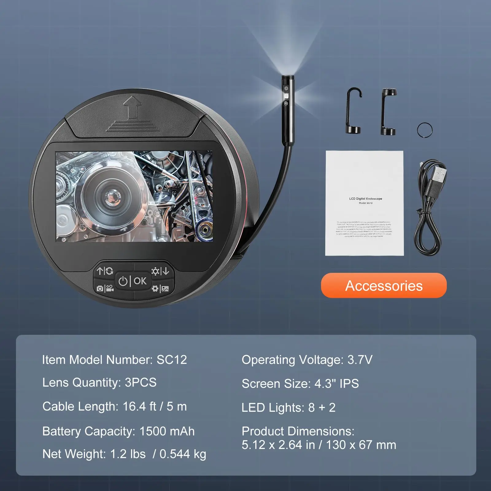 Borescope Triple Lens Endoscope Camera with Light, 4.3