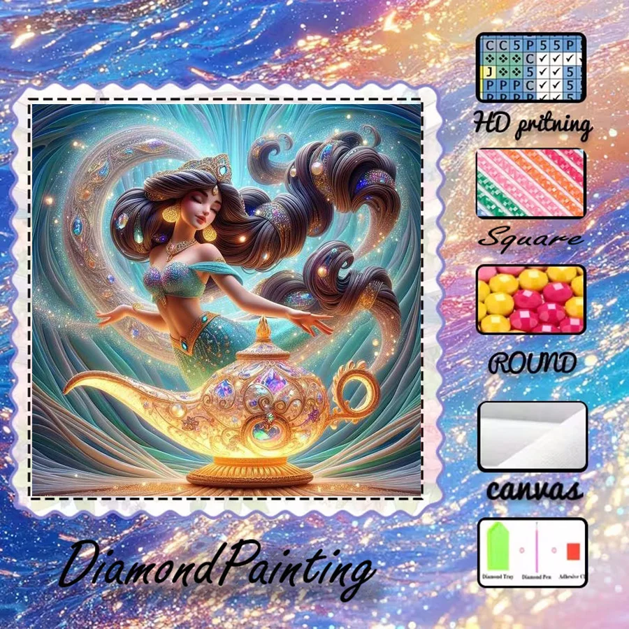 1 Stück - Potdemiel-5D-DIY - Beflockter Stoff - Spezialbohrer - Diamantmalerei-Set - Wunderlampe, Prinzessin - Diamantkunst