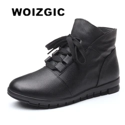 WOIZGIC Women's Genuine Leather Female Ladies Woman Shoes Boots Lace Up Plush Fur Warm Winter Autumn Ankle 35-41 GP-KMM001