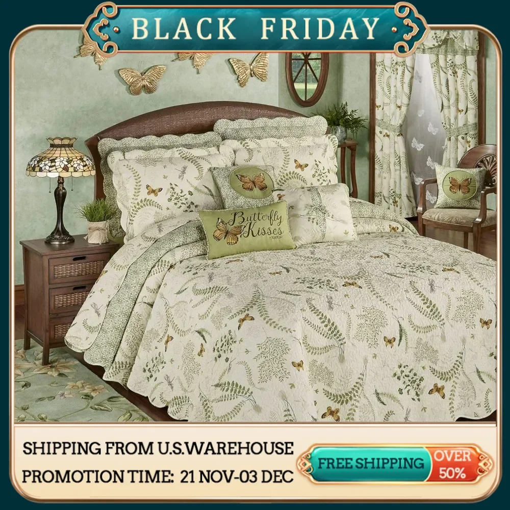 Oversized Comforters, Floral Butterfly Eden Eggshell Cotton Bedspread - Medallions, Ferns, Butterflies, Dragonflies Design