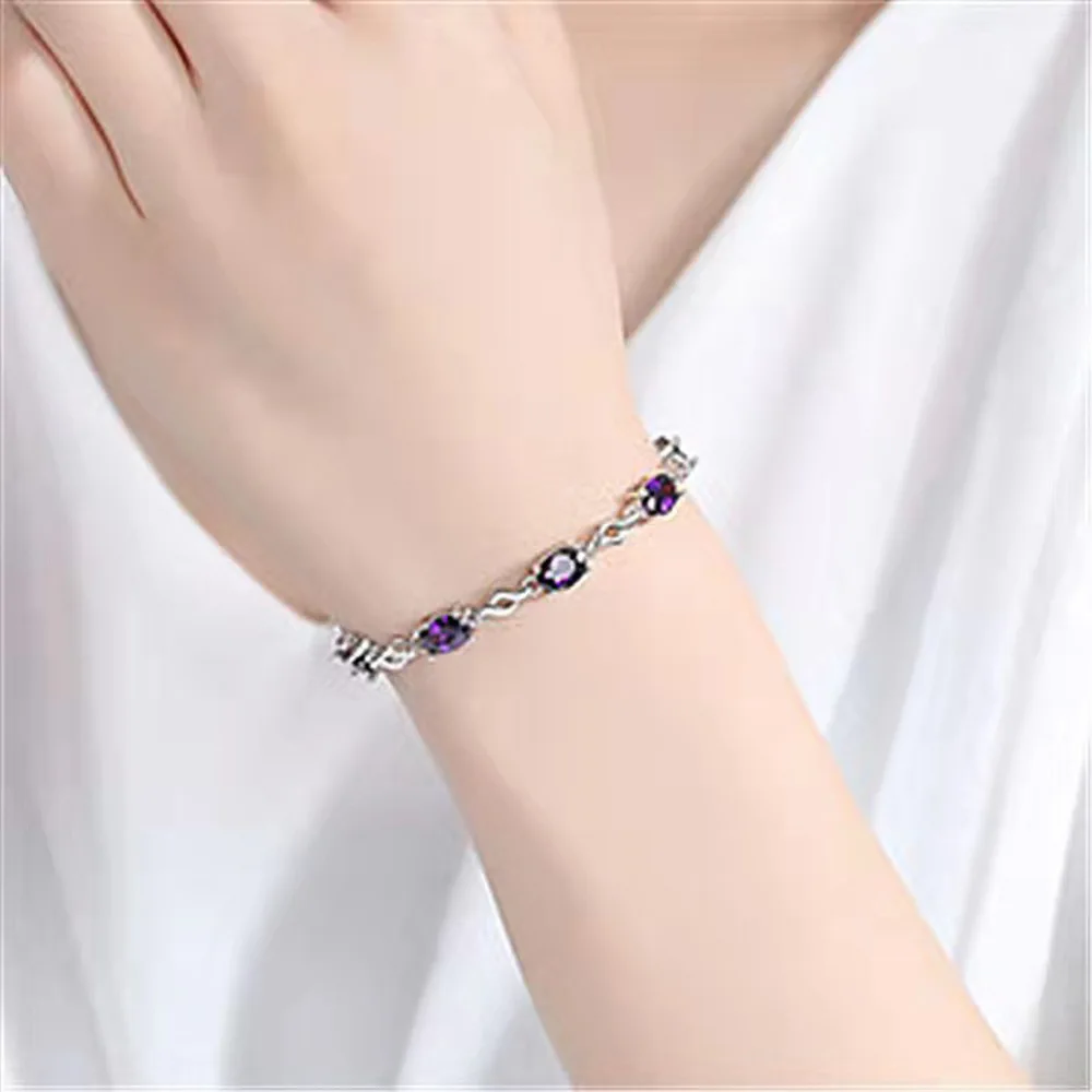 925 Sterling Silver Bracelet Purple Crystal Jewelry Bracelet For Women Jewelry Gift 20cm