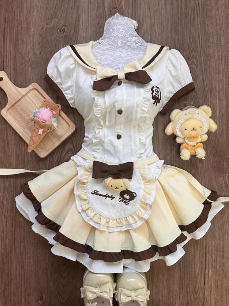 

France Sweet Slim O-neck 3-piece Set Women Kawaii Cute Short Sleeve Patchwork Tops Female + High Waist Ruffle Loose Skirt Suit