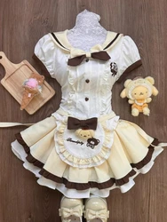 France Sweet Slim O-neck 3-piece Set Women Kawaii Cute Short Sleeve Patchwork Tops Female + High Waist Ruffle Loose Skirt Suit