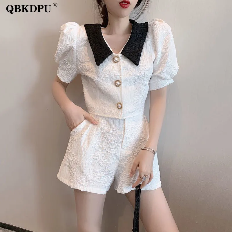 

Vintage Pleated Shorts Suit Women Two Piece Set Elegant Lapel Puff Sleeve Pearl Button Blouse And Short Pant Suit Summer Outfits