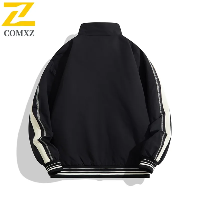 COMXZ خريف جديد الرجال ربيع الخريف العصرية فضفاضة تناسب الحد الأدنى عادية الوقوف طوق الشباب مخطط سترة زوجين ارتداء ملابس خارجية