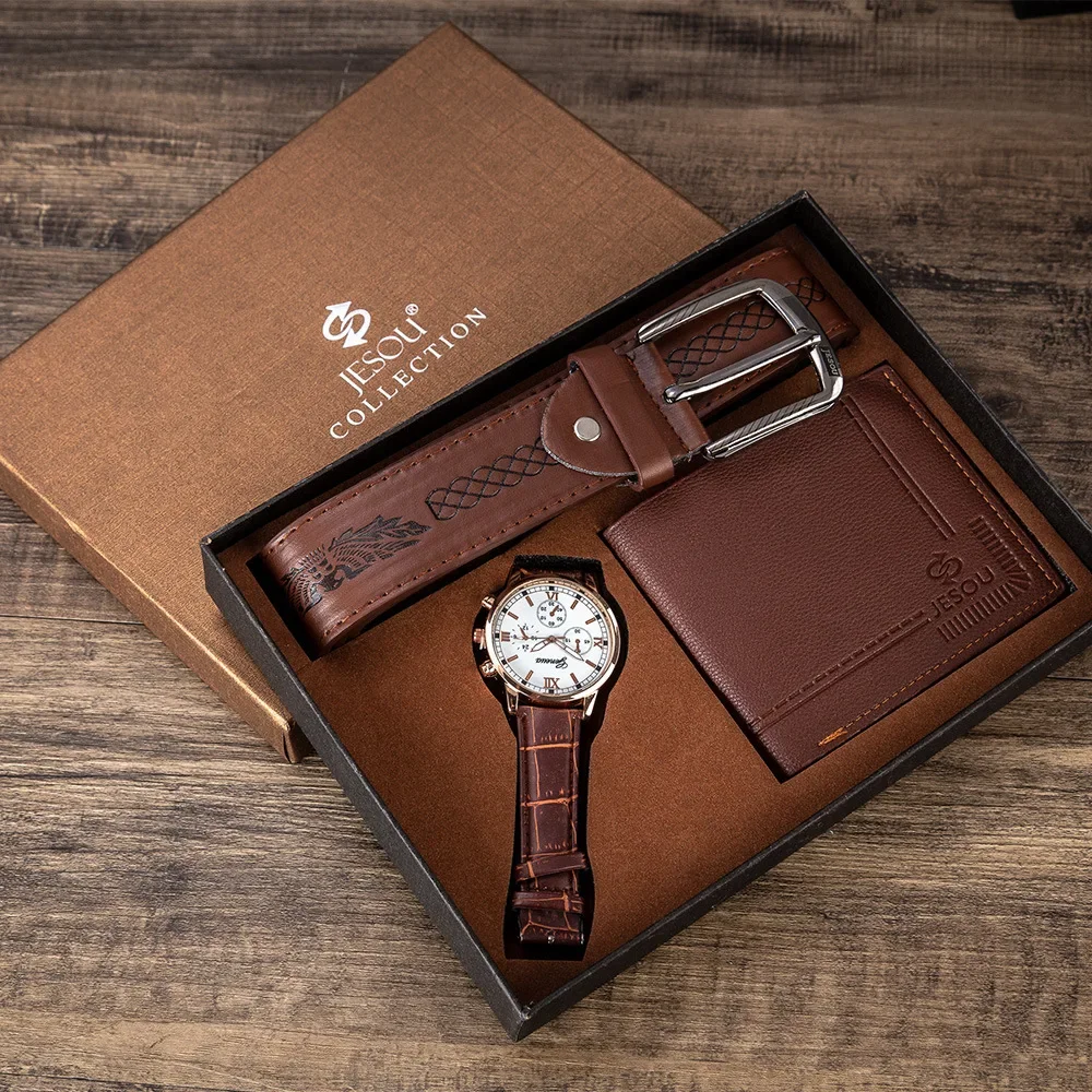 Reloj de pulsera de lujo para hombre, Conjunto de reloj de moda, caja de regalo de lujo, cinturón, BILLETERA, el mejor regalo para marido y padre, nuevo, 3 piezas por juego