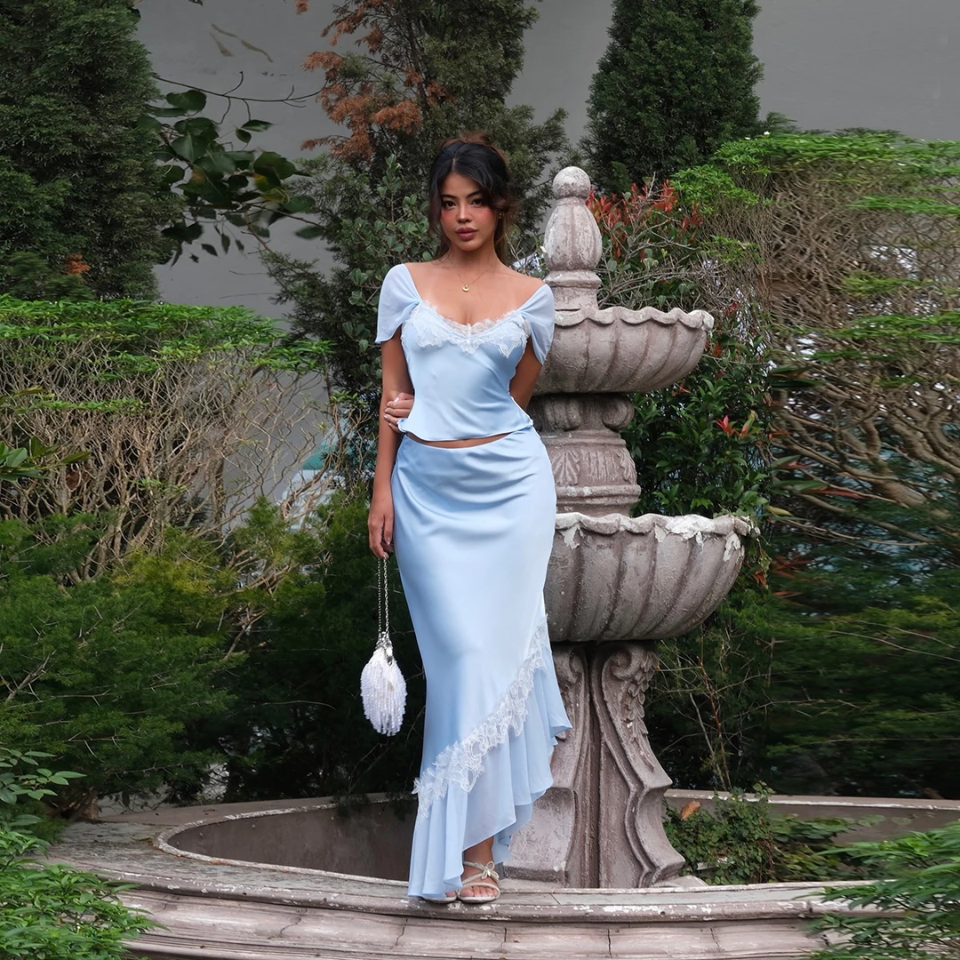 

Baby Blue Satin Maxi Skirt High Waist Pencil Bodycon Skirt Women Asymmetric Lace Splice Fish Tail Hem Elegant French Long Skirts