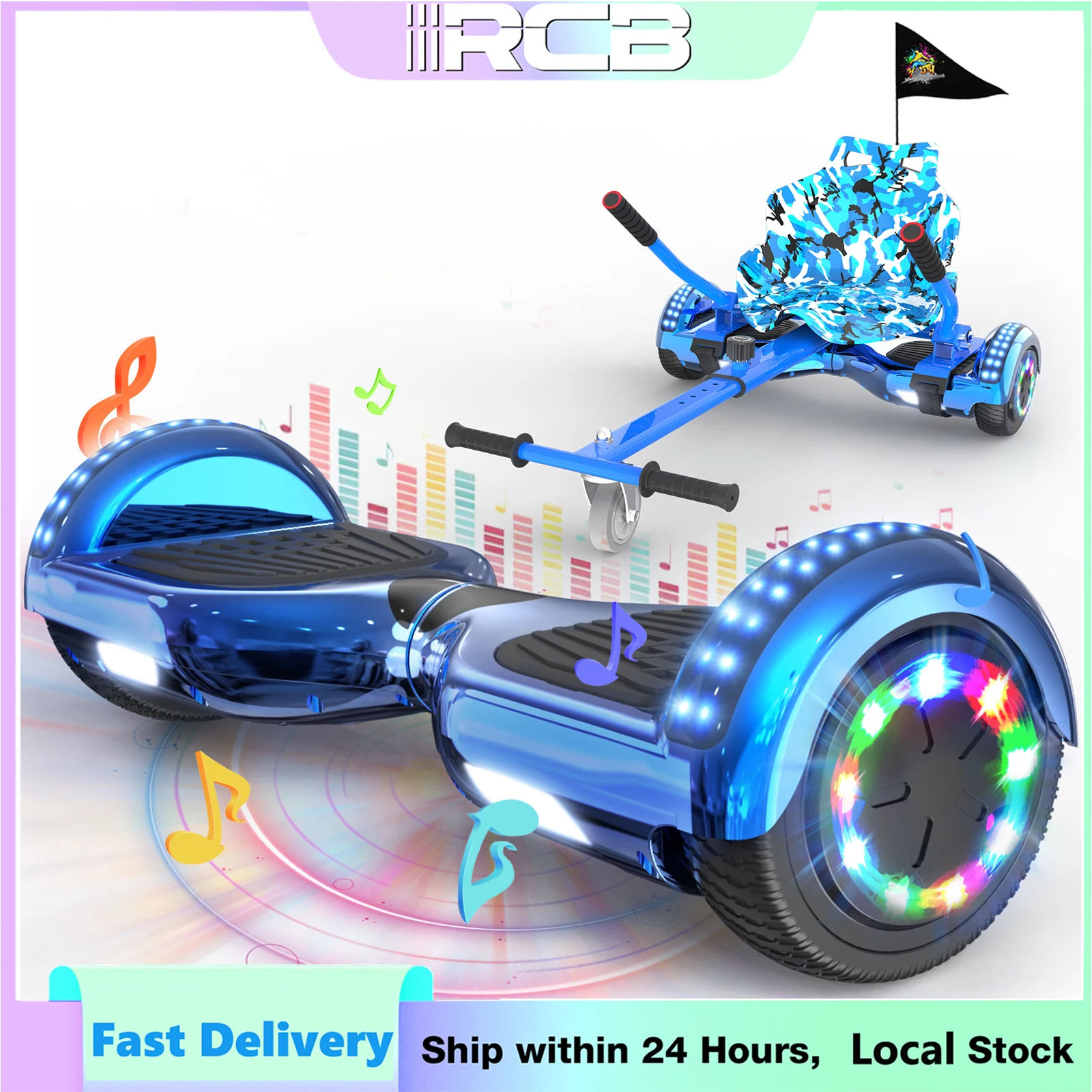Hoverboard RCB de 6.5 Pulgadas con Hoverkart, Llantas LED Antideslizantes, Características de Seguridad Integradas, Hoverboard Eléctrico para Niños y Adultos