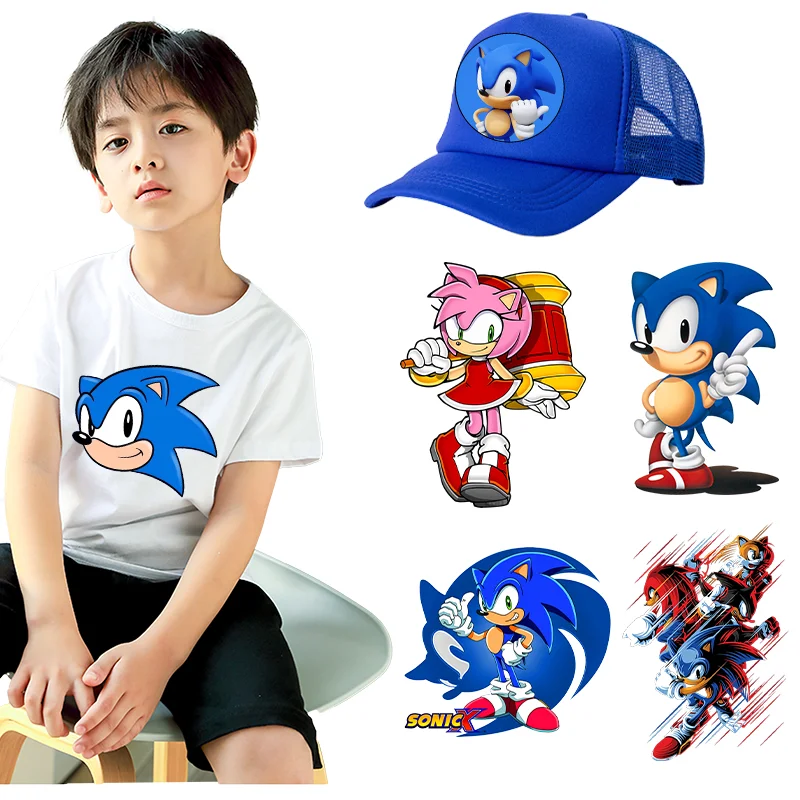 Sonics Game Figures Heat Transfer Stickers Cartoon Anime for T Shirt Hoodie Clothes DIY Kids Patches Iron on Transfer Applique