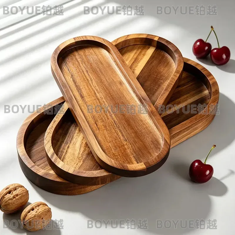 Oval Acacia Wood Serving Tray Set 3 Piece Solid Wood Dessert Plate for Cake Snack Coffee Table Decor Creative Kitchen Storage