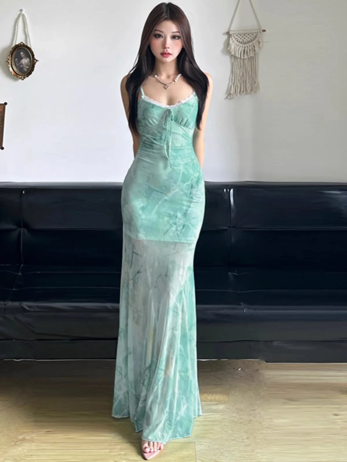 Groene mesh bedrukte hemdje rok voor dames zomer nieuwe stijl Pure Desire sexy slim fit fishtail lange rok