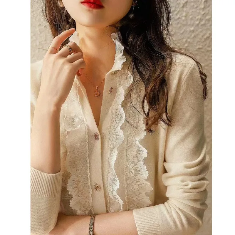 

Korean Fashion Splicing Lace Wool Knitted Cardigan for Women's Autumn and Winter New Solid Color Sweater Female Clothing